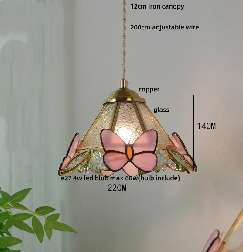 Green stained glass butterfly pendant light bedroom brass accents