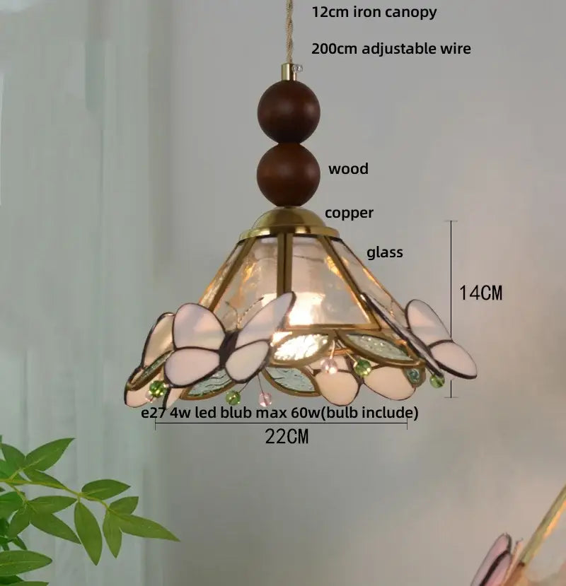 Green stained glass butterfly pendant light bedroom brass accents