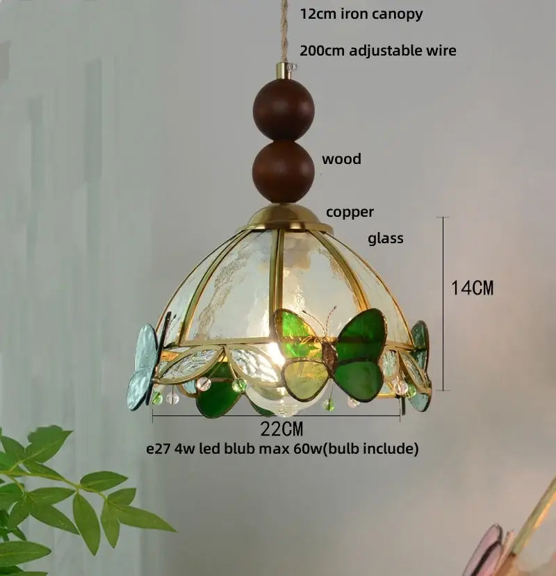 Green stained glass butterfly pendant light bedroom brass accents