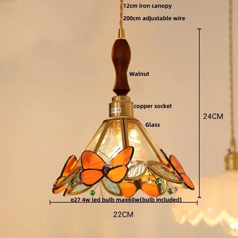 Green stained glass butterfly pendant light bedroom brass accents