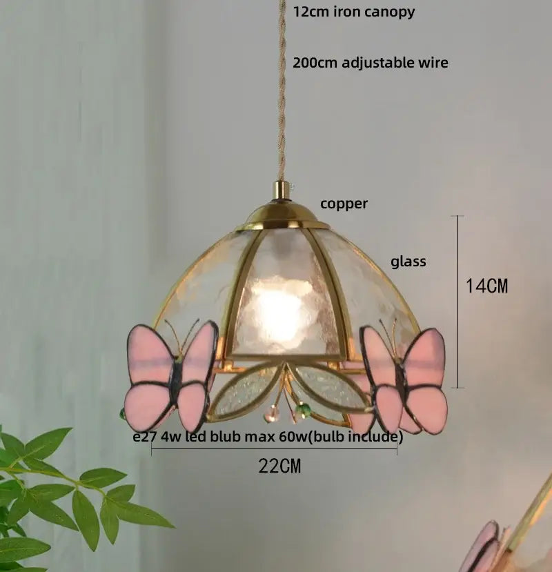 Green stained glass butterfly pendant light bedroom brass accents