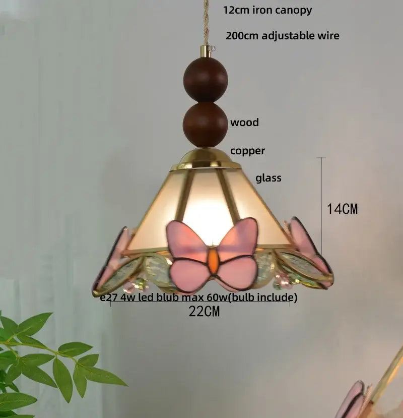 Green stained glass butterfly pendant light bedroom brass accents