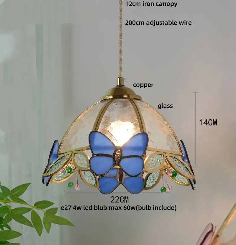 Green stained glass butterfly pendant light bedroom brass accents