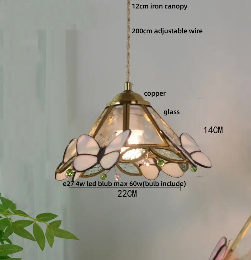 Green stained glass butterfly pendant light bedroom brass accents