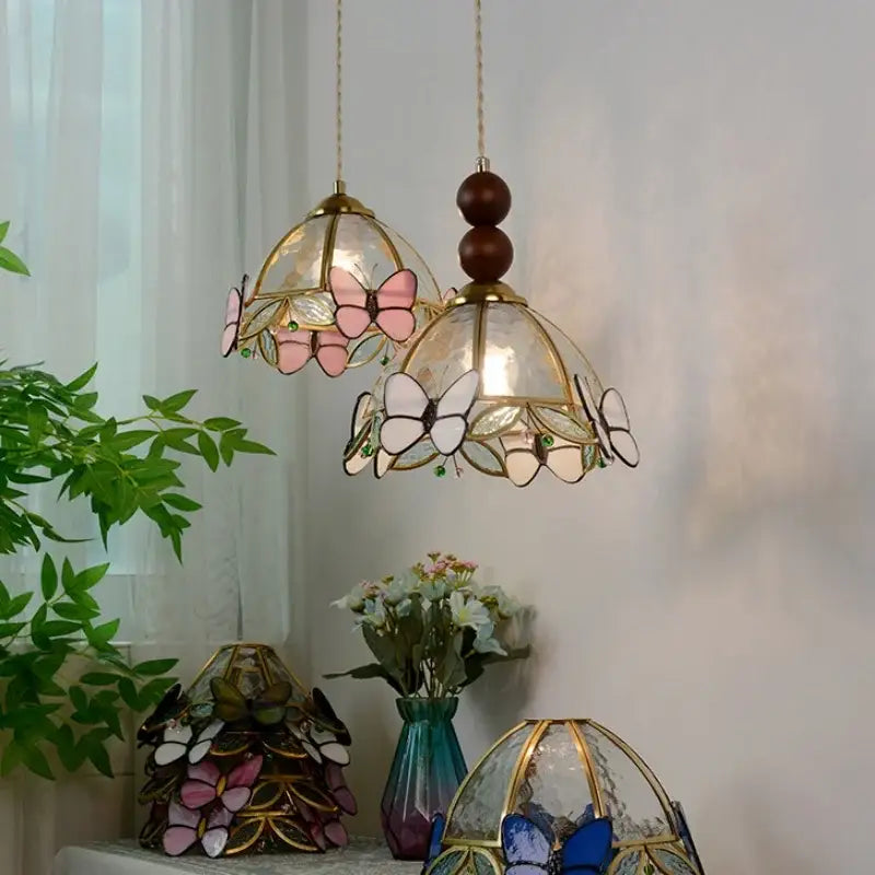 Green stained glass butterfly pendant light bedroom brass accents