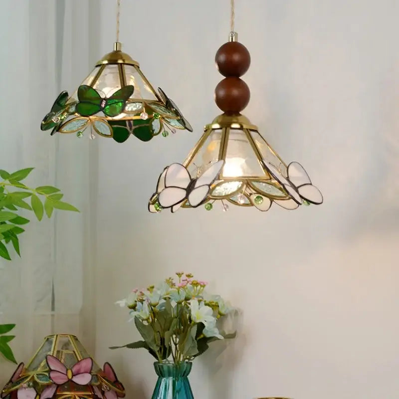 Green stained glass butterfly pendant light bedroom brass accents