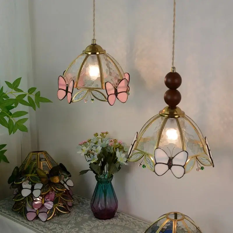 Green stained glass butterfly pendant light bedroom brass accents