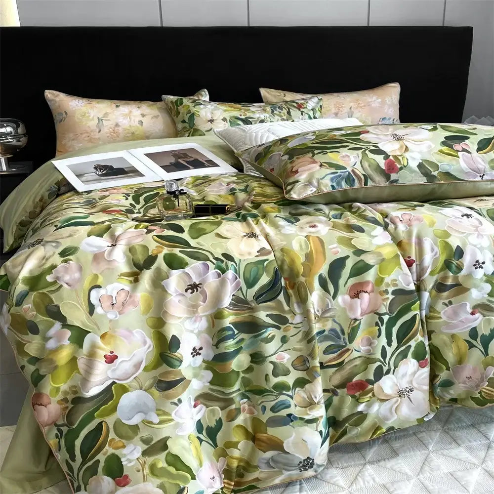 Green & white floral 1000tc egyptian cotton bedding set bedroom