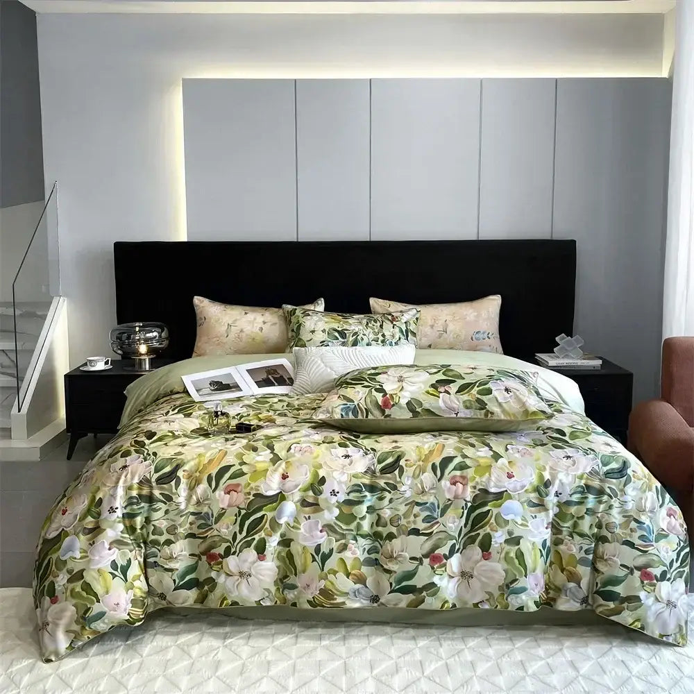 Green & white floral 1000tc egyptian cotton bedding set bedroom