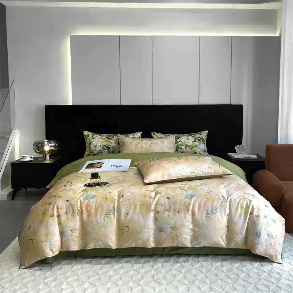 Green & white floral 1000tc egyptian cotton bedding set bedroom