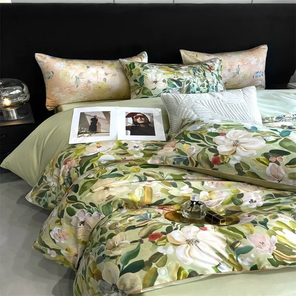 Green & white floral 1000tc egyptian cotton bedding set bedroom