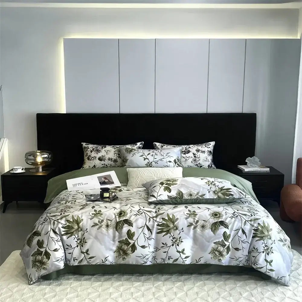 Green & white floral 1000tc egyptian cotton bedding set bedroom