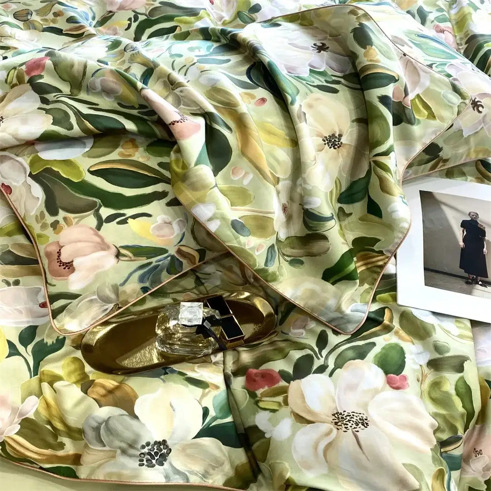 Green & white floral 1000tc egyptian cotton bedding set bedroom