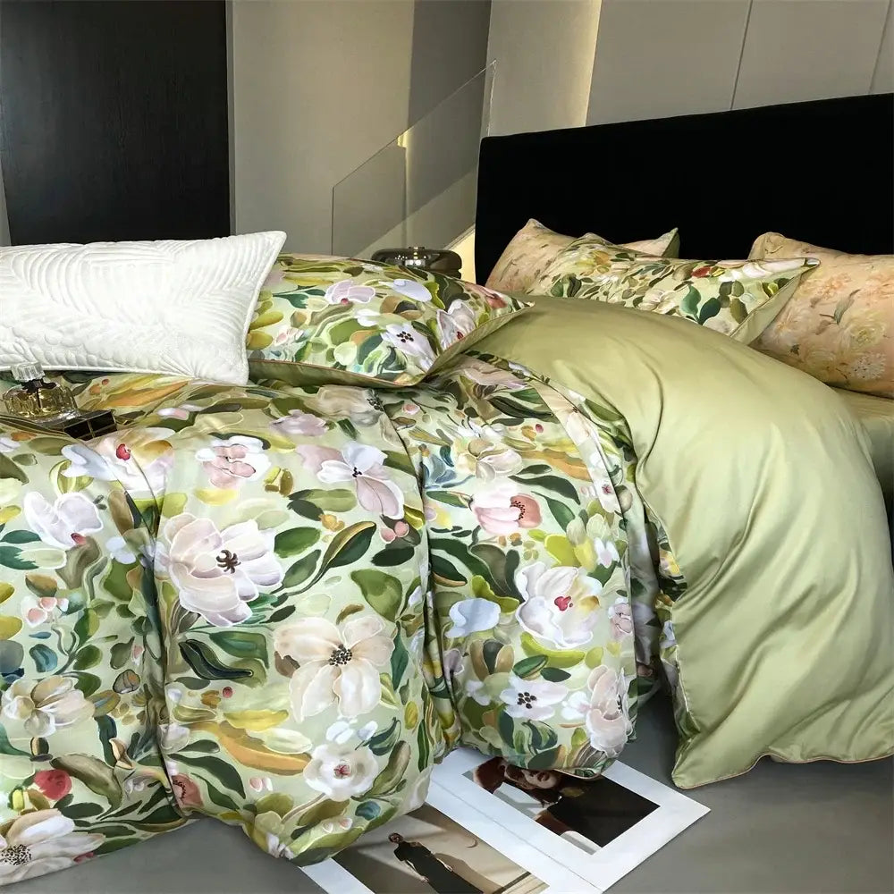 Green & white floral 1000tc egyptian cotton bedding set bedroom