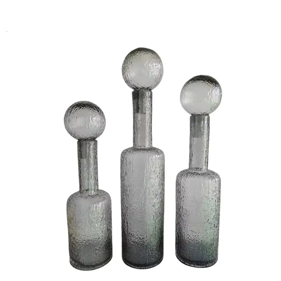 Grey round glass vase set with hammer lid stoppers living room