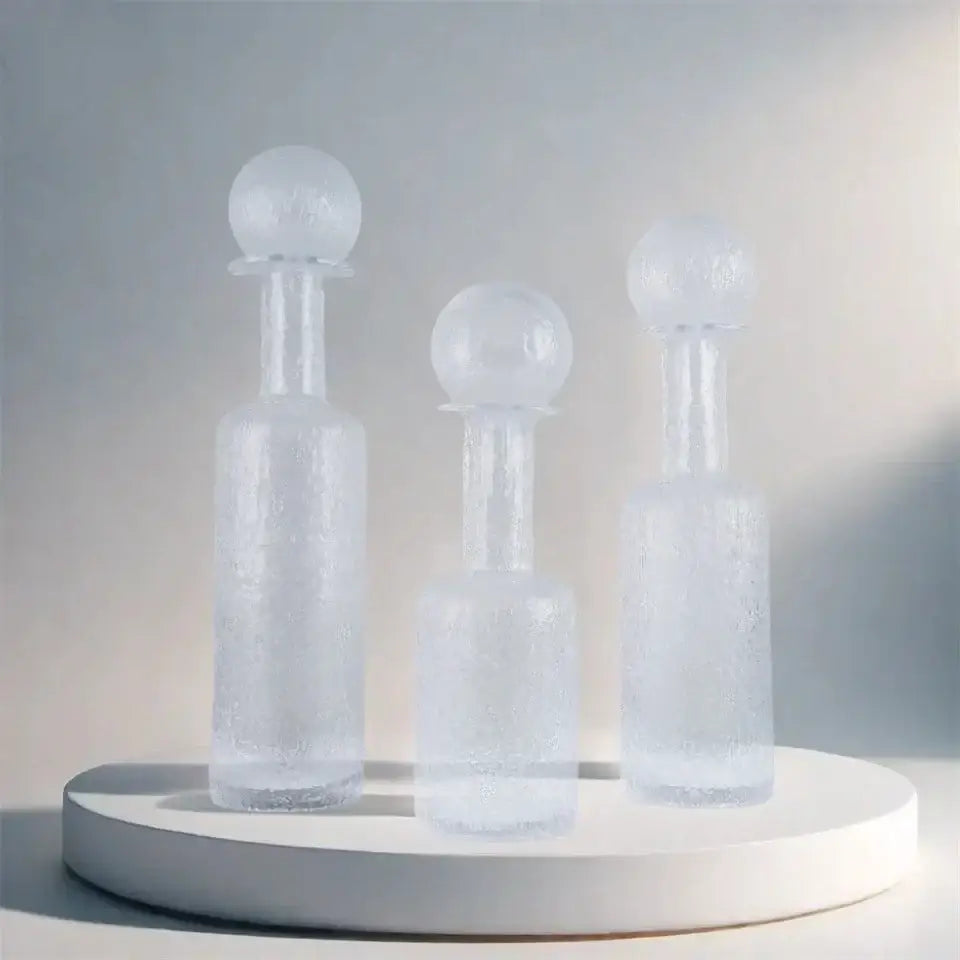 Grey round glass vase set with hammer lid stoppers living room