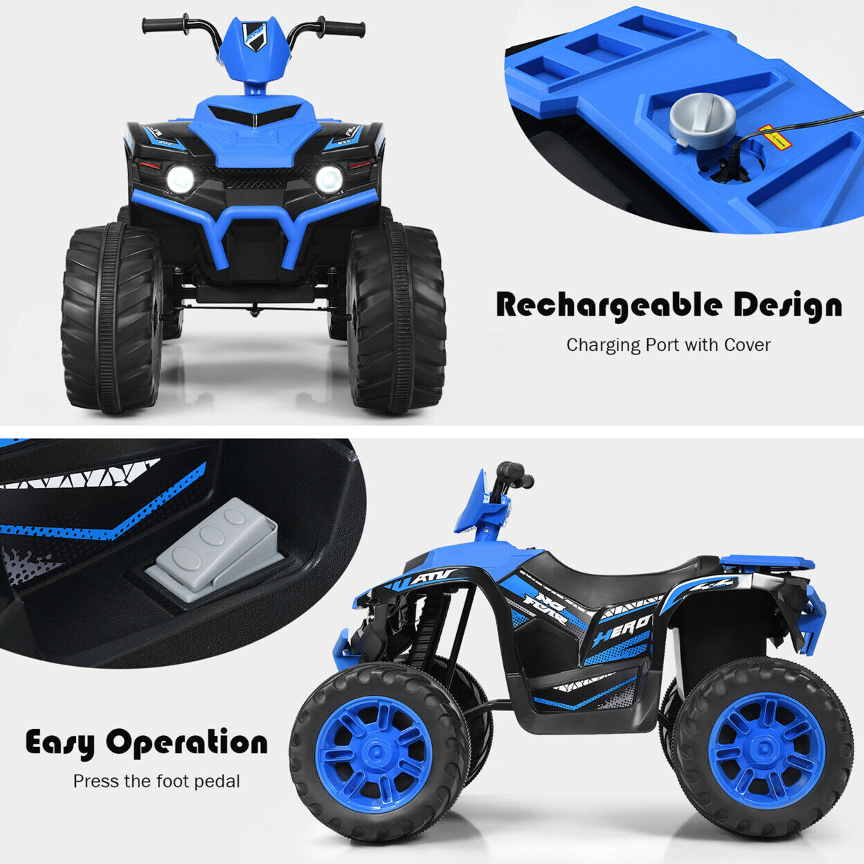 Gymax 12V Electric Kids ATV 4-Wheeler Quad with Music and LED Lights in Navy
