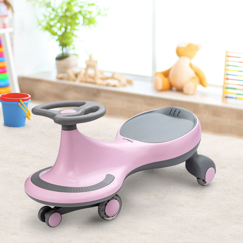 Gymax Pink Wiggle Car Ride-on Toy with Flashing Wheels for Toddlers and Kids