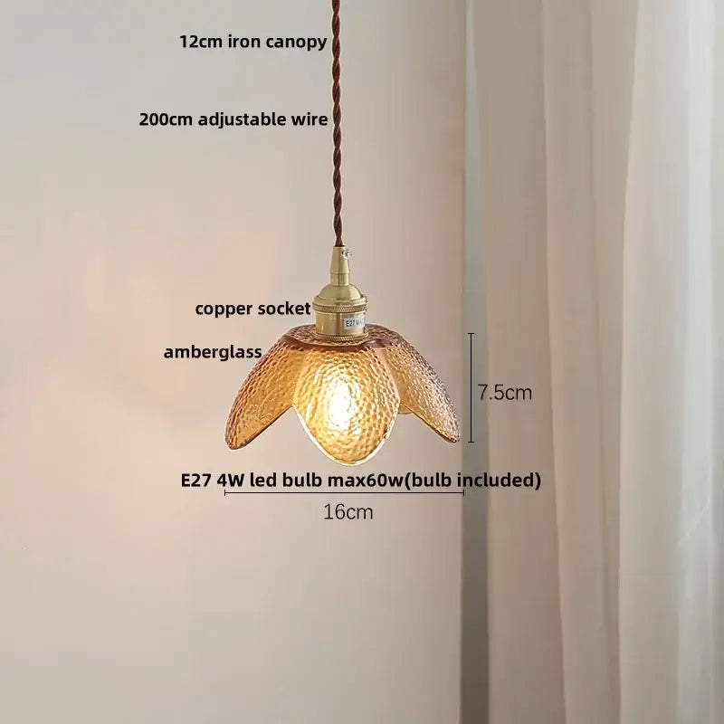 Hammered amber glass led pendant light kitchen copper hanging lamp