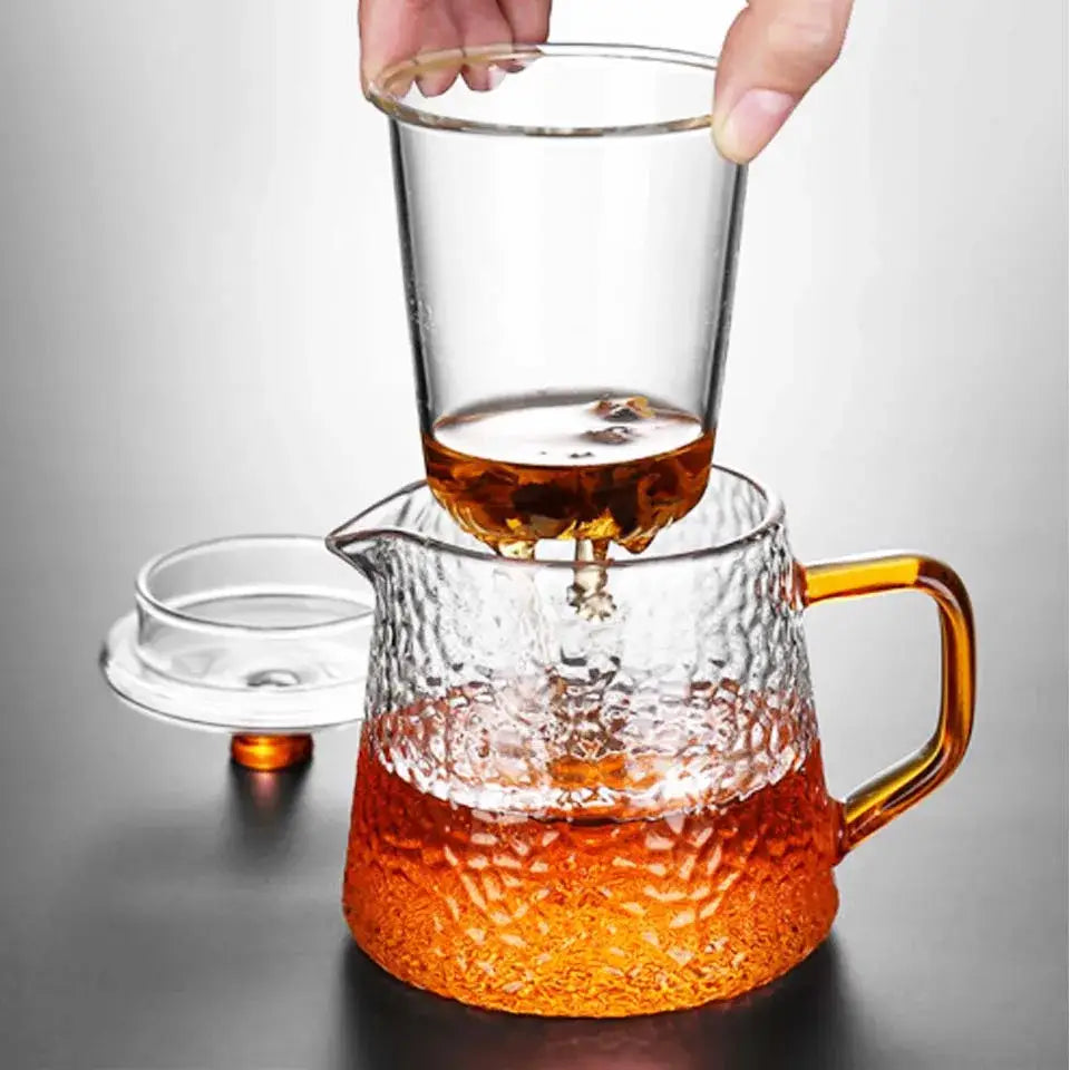 Hammered clear and amber borosilicate glass teapot kitchen tea set