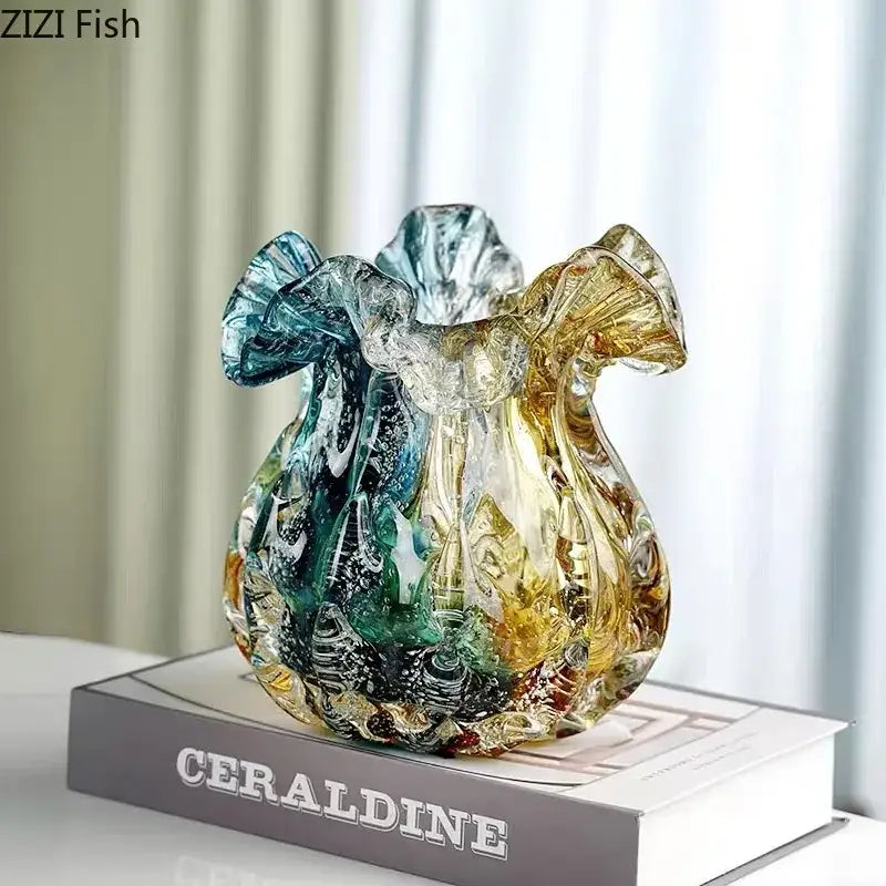 Hand blown blue & green colorful flower edge glass vase dining room