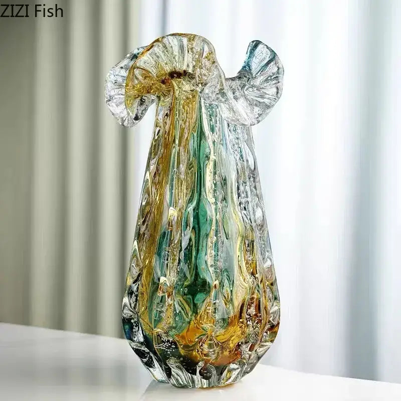 Hand blown blue & green colorful flower edge glass vase dining room