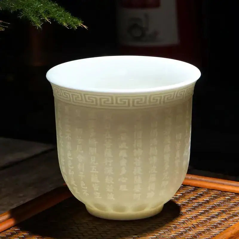 Hand carved translucent white jade tea cup set dining room ceramic