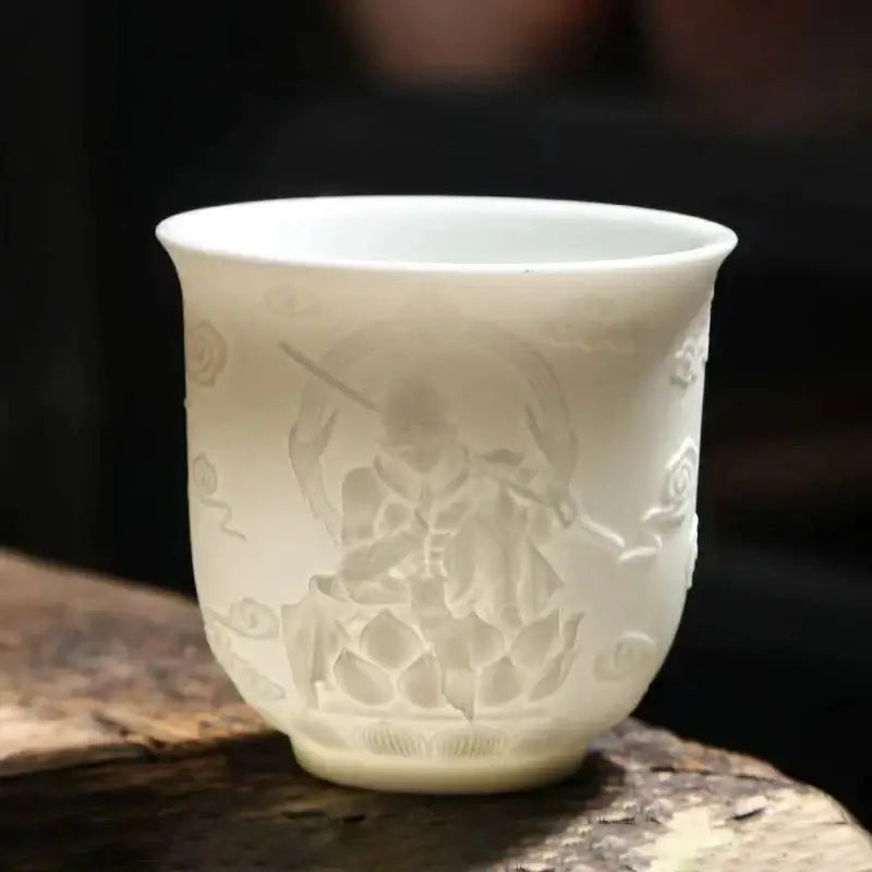 Hand carved translucent white jade tea cup set dining room ceramic
