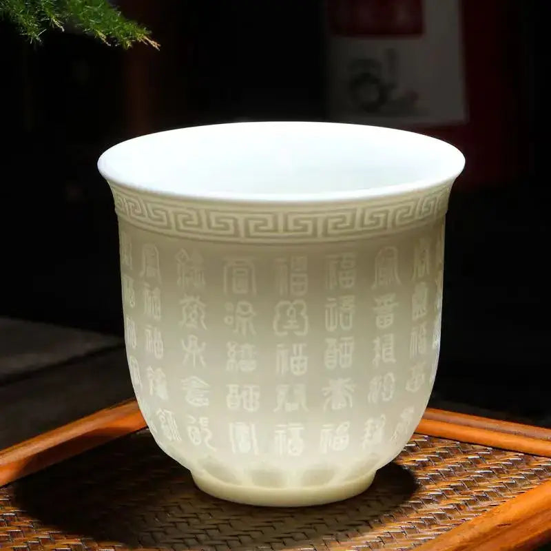 Hand carved translucent white jade tea cup set dining room ceramic