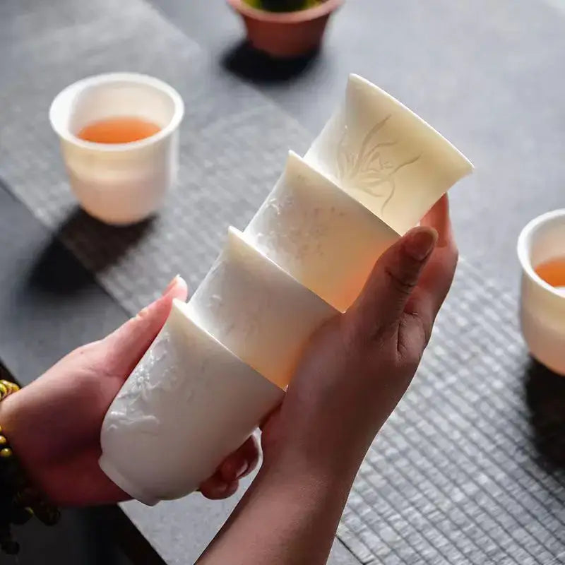 Hand carved translucent white jade tea cup set dining room ceramic