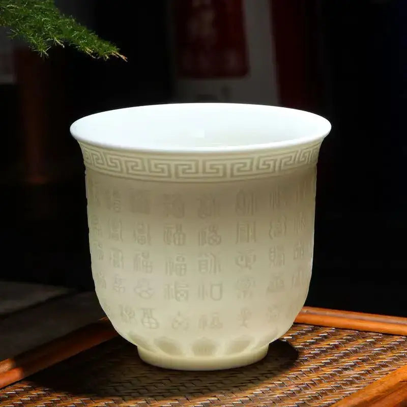 Hand carved translucent white jade tea cup set dining room ceramic