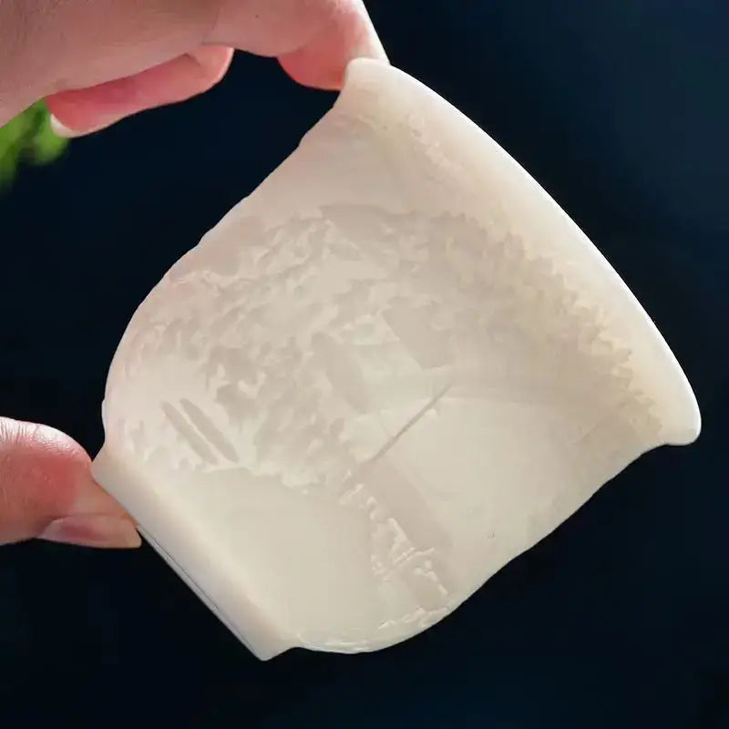 Hand carved translucent white jade tea cup set dining room ceramic