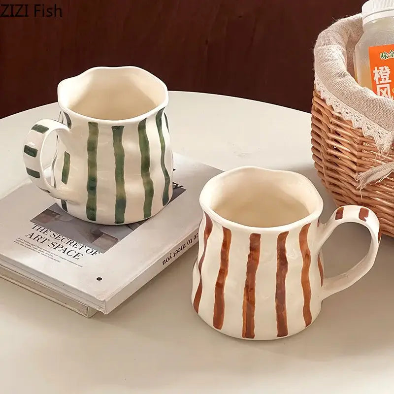 Hand-painted green & brown colorful stripes porcelain mugs kitchen set