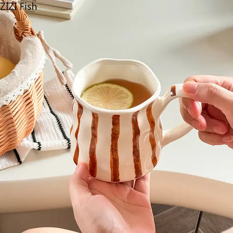 Hand-painted green & brown colorful stripes porcelain mugs kitchen set