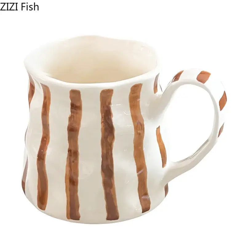 Hand-painted green & brown colorful stripes porcelain mugs kitchen set