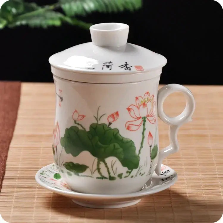 Hand painted lotus white porcelain tea cup with filter dining room