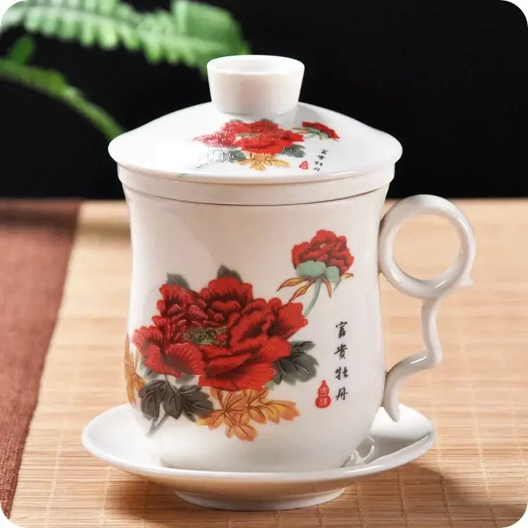 Hand painted lotus white porcelain tea cup with filter dining room