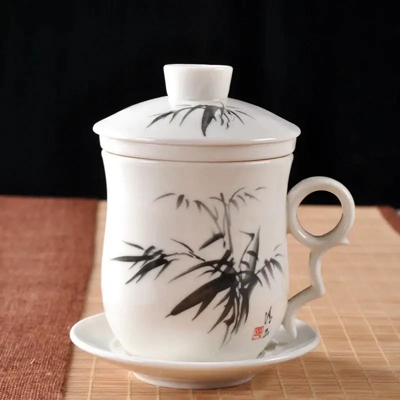 Hand painted lotus white porcelain tea cup with filter dining room