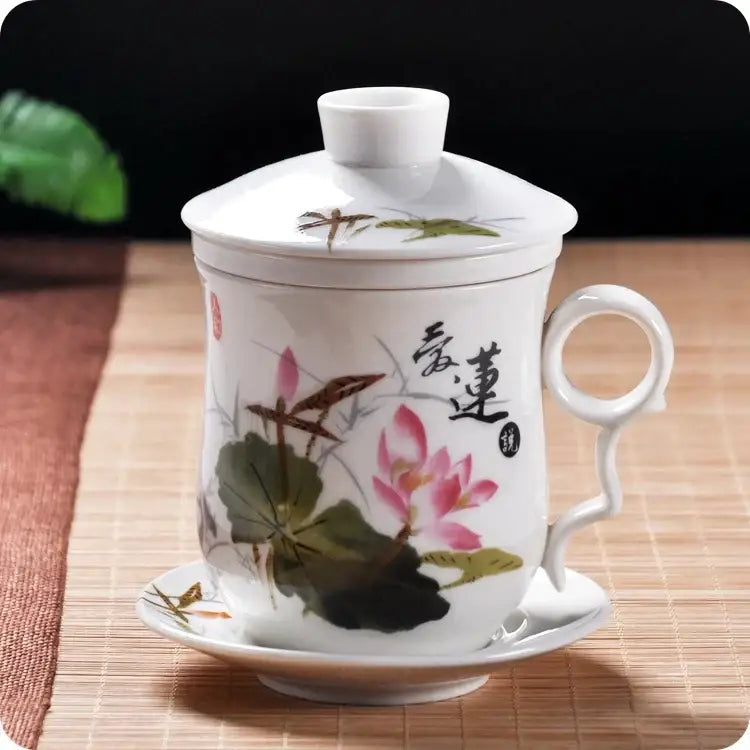 Hand painted lotus white porcelain tea cup with filter dining room