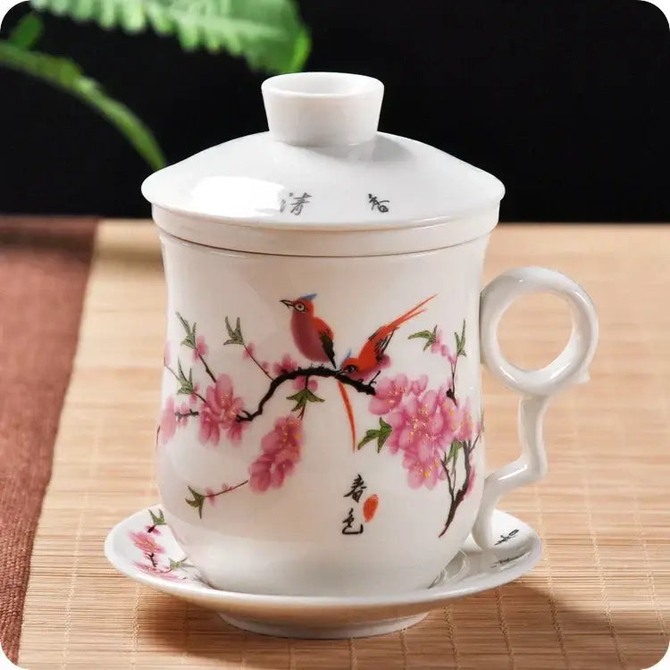 Hand painted lotus white porcelain tea cup with filter dining room