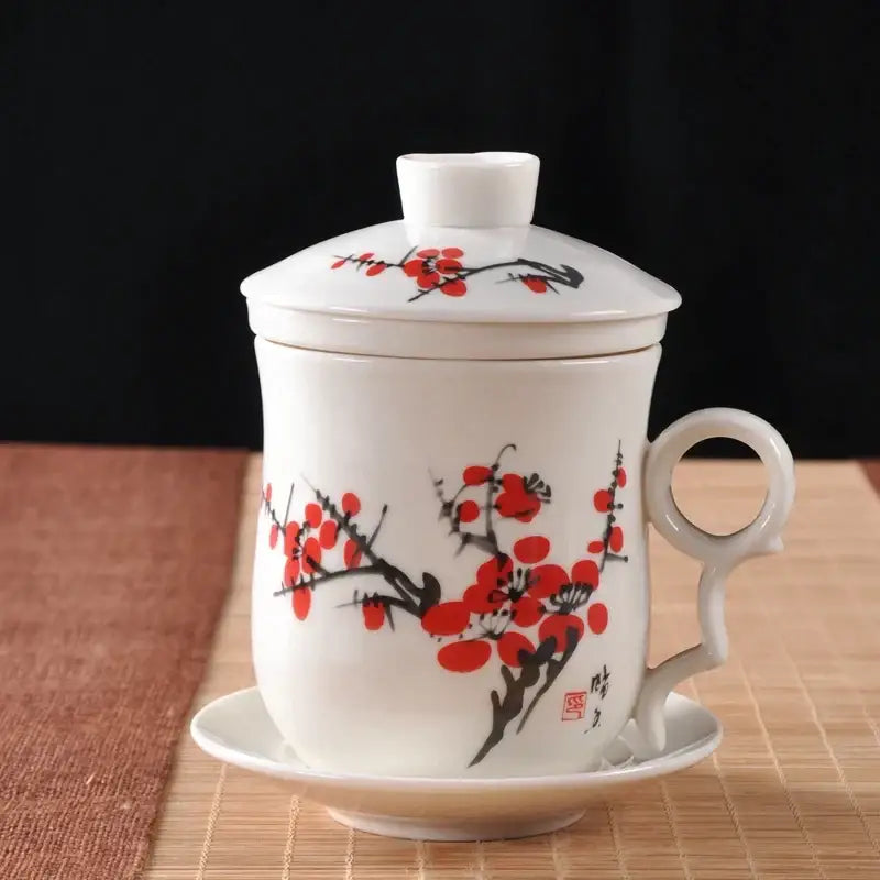 Hand painted lotus white porcelain tea cup with filter dining room