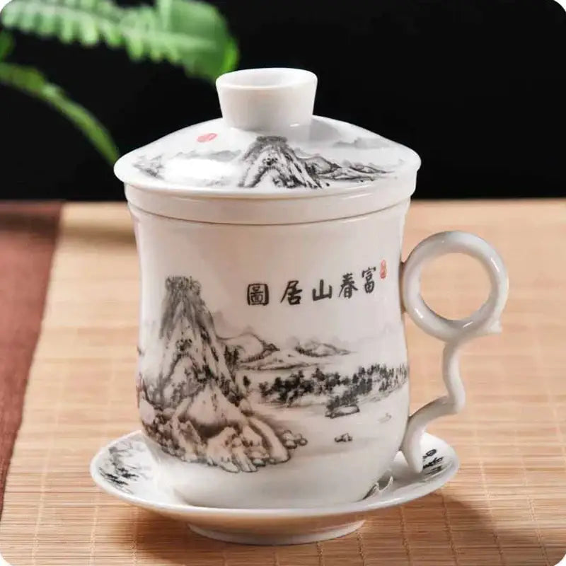 Hand painted lotus white porcelain tea cup with filter dining room