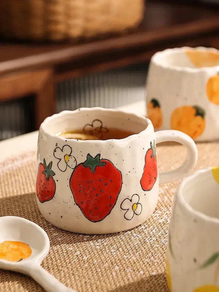 Hand-painted strawberry cartoon fruit ceramic mug kitchen tea cup