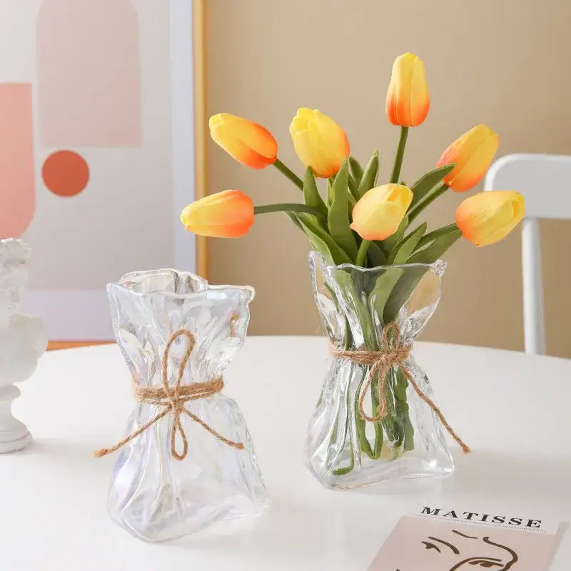 Handcrafted clear glass folded road vase set for living room decor