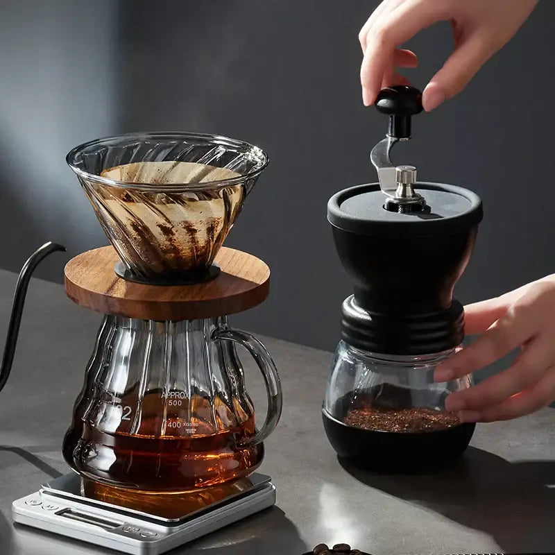 Handcrafted glass coffee brewer kitchen pour over set