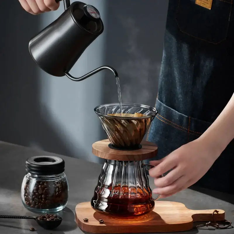 Handcrafted glass coffee brewer kitchen pour over set