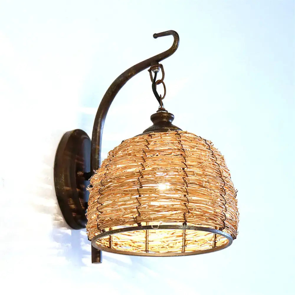 Handmade asian rattan dome wall sconce bedroom brown fixture type