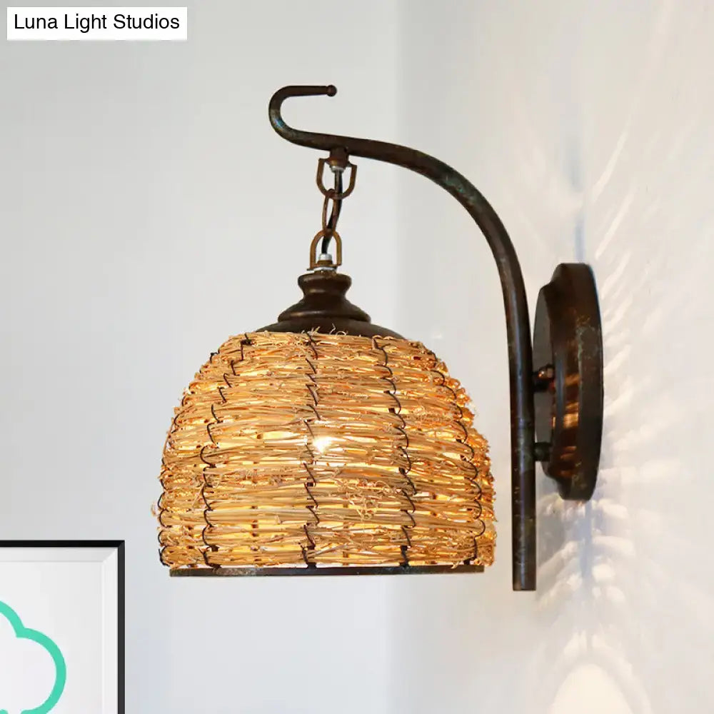 Handmade asian rattan dome wall sconce bedroom brown fixture type