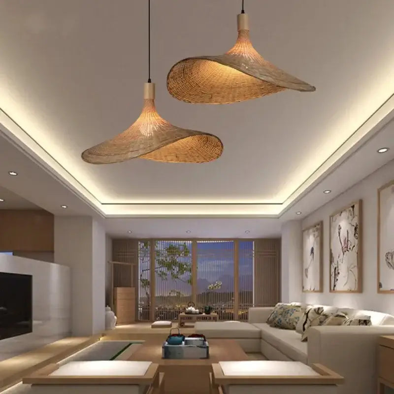 Handwoven bamboo pendant chandelier living room natural wood light