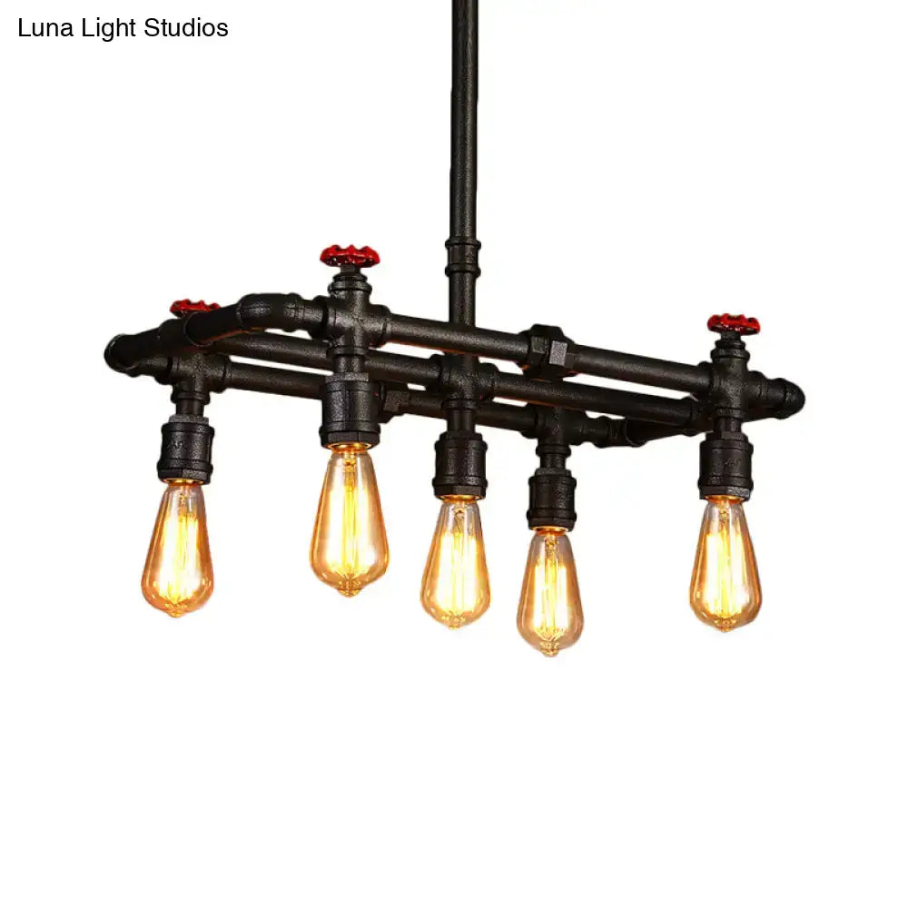 Industrial black pipe hanging ceiling light – dining room red accents